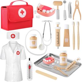 Malette Docteur Enfant Médecin Jouet Bois avec stéthoscope , Mallette de Dentiste, Blouse de Docteur, Cadeau médical de Jeu de Rôle pour Filles garçons 3 4 5 Ans.[G1661]
