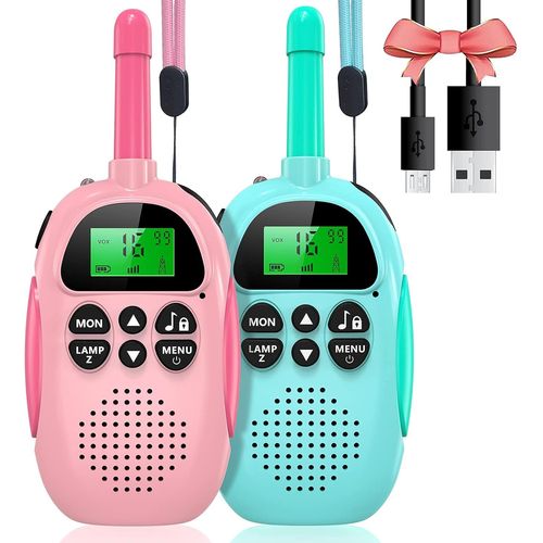 Talkie Walkie Rechargeable Longue Portée,Jeux Exterieur Jouet pour Enfants, 16 Canaux, avec Écran LCD Rétro-Éclairé Fonction VOX,Torche,Cadeau pour Filles Garçons de 3 à 12 Ans (Bleu et Rose).[G439]