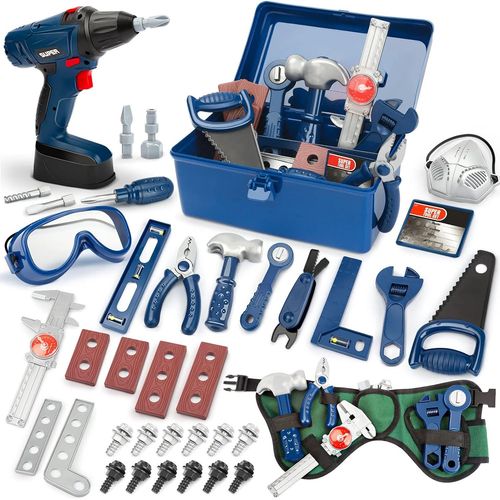 Outils Enfant 52 Pièces Boite a Outil avec Perceuse Électrique Malette Outils Visseuse Malette Outils Cadeau Noël pour Enfant 3 Ans+.[G1046]