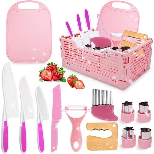 Couteau Enfant, Kit Cuisine Jouet Enfant 2 3 4 5 6 ans, Couteau Enfant qui ne Coupe pas, Couteau Sécurité de Montessori Enfants pour Couper des Fruits ou Légumes (rose).[G469]