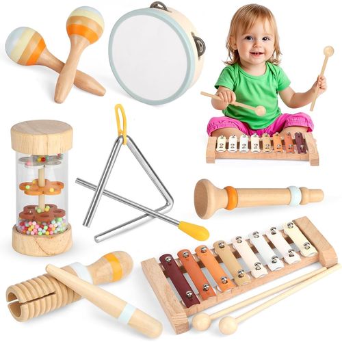 Instrument de Musique Bebe, Jouet Musique en Bois avec Xylophone Baton de Pluie Trompette Maracas Tambourin Batterie Enfant Jeu Montessori, Cadeau Noël Anniversaire Fille Garcon 1 2 3 4 5 Ans.[G689]