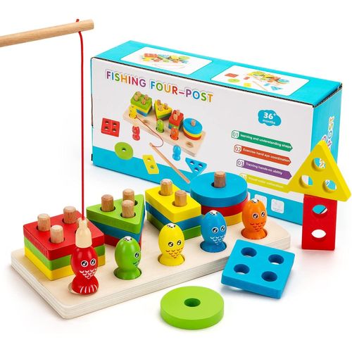 Jouets Montessori, Jouet en Bois à Empiler et de Tri, Jeu de Pêche Magnétique pour Les Bébés Garçons, Géométriques Puzzles à Trier Les Formes pour Les Tout-Petits de 1 2 3 Ans.[G1290]