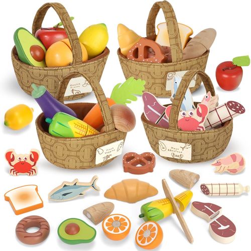 Accessoire Cuisine Enfant, Jouet de Cuisine en Bois Enfant, Accessoires Cuisine Enfant avec Panier en Tissu, Jouet Alimentaire, Jouet Montessori 3 4 5 6 7 Ans.[G1727]