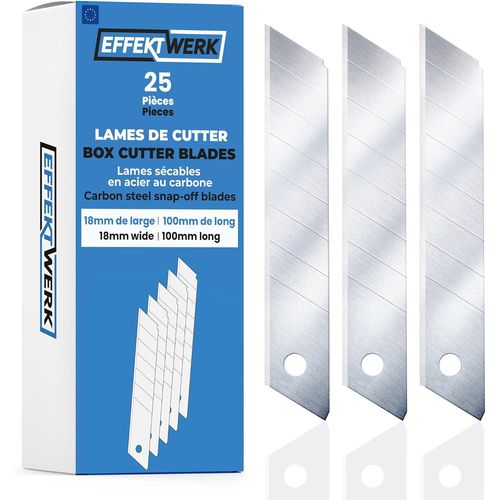 Effektwerk ¿ Jeu de Lames de Cutter (argent, paquet de 25), lames de rechange pour couteaux utilitaires de 18 mm, lames cassables en acier au carbone robuste.[G298]