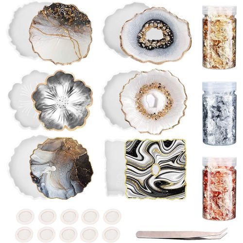 Moule Resine Epoxy, 20PCS Moule Dessous de Verre Resine Epoxy Kit Moulle Silicone Résine Epoxy Moulessilicone pour Resine Epoxy Moulage Sous Verres en Résine Silicone Coaster DIY avec 3 Feuille d'or