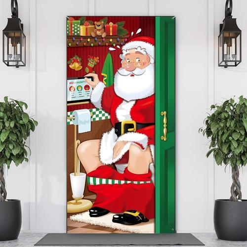 Décorations de Fête de Noël, Couverture de Porte de Toilette Drôle de Père Noël en Tissu Toile de Fond de Toilette de Père Noël Bannière de Fond