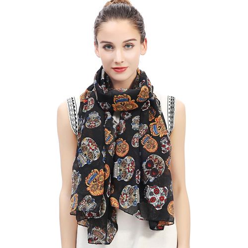 Lina & Lily Écharpe Foulard Pour Femme Imprimé Crâne Le Jour De La Morts.[G510]