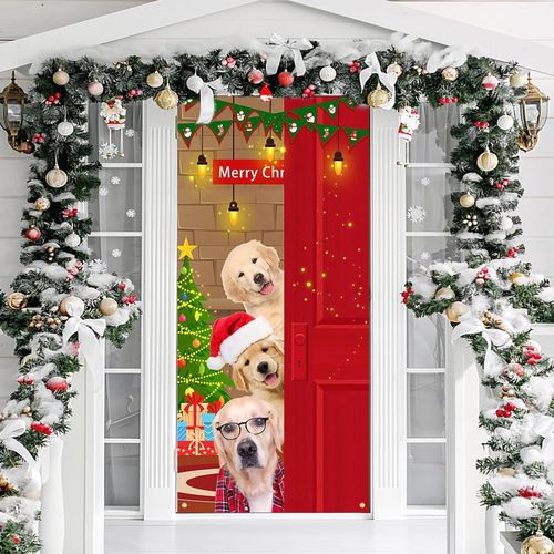 Père Noël Couverture de Porte Décoration de Porte Noël Toile de Fond avec 4 Velcros pour Décorations Porte D'entrée Noël 90x185cm