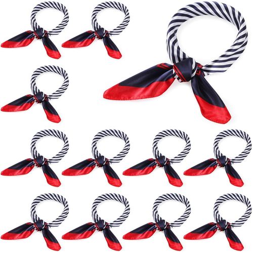12 Foulards Nautiques Carrés Foulard Bleu Blanc Rouge En Soie Imitée Écharpe Marine En Soie Pour Femme (Classique).[G205]