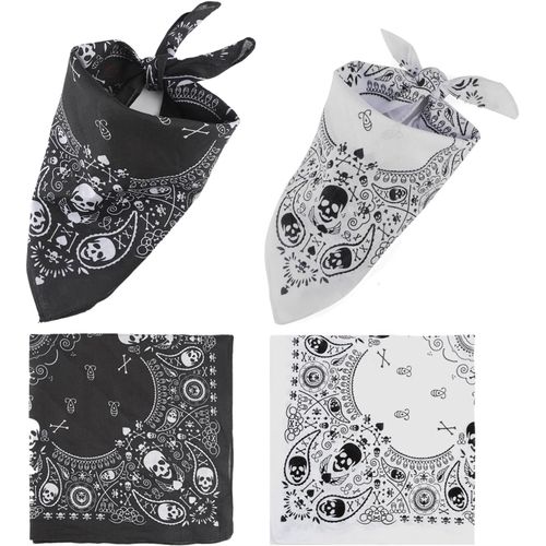 Bandanas, Lot De 2 Foulards Noirs Blanc Imprimés Crâne À Bordure À Carreaux, Accessoires De Costume Pour Hommes, Femme, Enfants.[G268]
