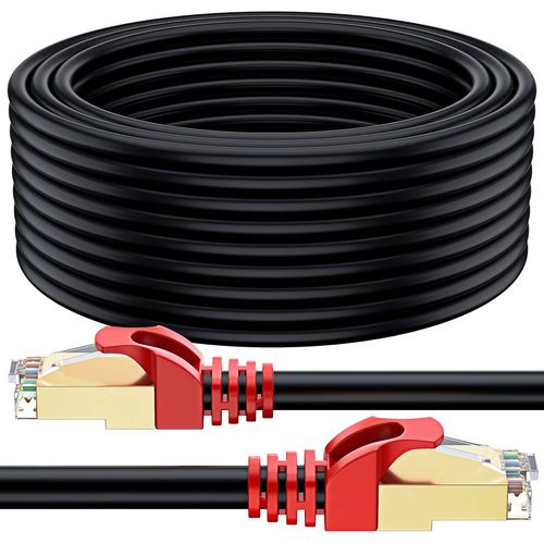 Câble réseau Ethernet RJ45 Cat7 étanche pour l'extérieur ¿ SFTP ¿ 600 MHz ¿ Noir ¿ 50 m avec attaches et clips.[G23]