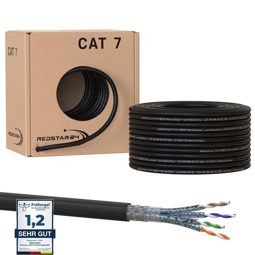 Câble de Réseau Extérieur CAT 7 50m - Câble Ethernet CAT7 Gigabit S/FTP, Cuivre, 1000MHz, Câble d'installation Outdoor PIMF POE 10Gbit LAN, AWG 23/1, Noir, Résistant aux UV.[G290]