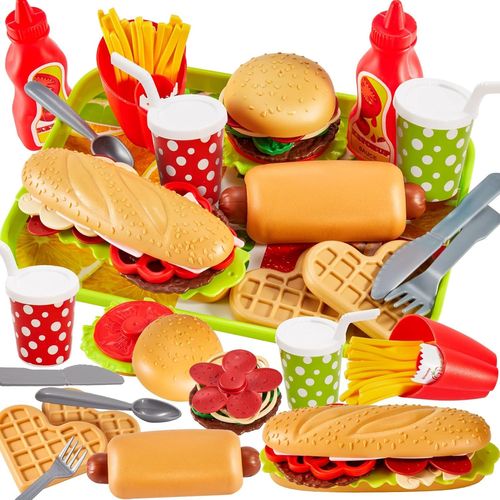 Accessoire Cuisine Enfant, Jouets Aliments Dinette Enfant avec Hamburger Frites Hot Dogs, Cadeau pour Garçon Fille 3 4 5 Ans.[G297]