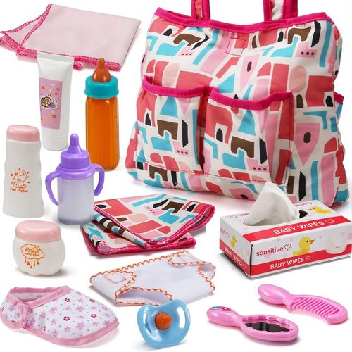Lot de 13 accessoires pour poupée - Jouetsset vaisselle et toilette/soins - comprend un sac à langer/une couche/un biberon magique/un matelas - pour fille/enfant - cadeau d'anniversaire/de Noël.[G956]
