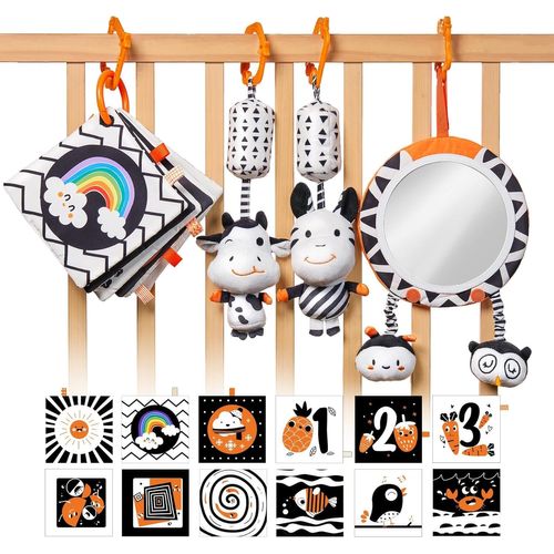 Jouet Hochet Bebe 0 2 3 4 6 8 9 Mois, Poussette Livre Noir Et Blanc Bébé 0-3 Mois Avec Le Miroir, Peluche Jouets Livres D'éveil Cadeau Pour Naissance Nouveau Né Garçons Et Filles (4pcs).[G112]