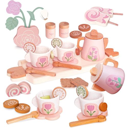 Service à Thé et à Dessert pour Fête de Filles Dinette Enfant en Bois Jouet Fille 2 3 4 5 6 Ans Accessoire Cuisine Enfant Bois Jeux de Rôle de Tea Party Cadeau pour Filles, Rose.[G1372]