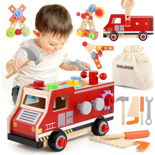 Outils Enfant Jouet en Bois, Boite a Outils Enfant, Camion de Pompier Voiture Enfant, Montessori Jeux, 47 Pièces Jeux avec Boîte à Outils, Cadeau Garcon Fille 2 3 4 Ans.[G794]