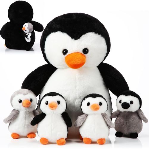 Pingouin en Peluche Douce 1 Maman Pingouin avec 4 Bébés Pingouins dans Son Ventre 35 cm Doudou Pingouin Câline Jouet d'animal pour Enfants Saint-Valentin Fête d'anniversaire (Mignon).[G395]