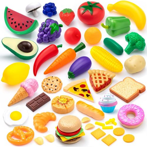Joyin 50 Pièces Ensemble de Jouets de Cuisine, Dînette, Fruits légumes factices, Accessoires en Plastique pour Enfants Jouet d'apprentissage éducatif, Cadeau de Jeu de rôle.[G854]
