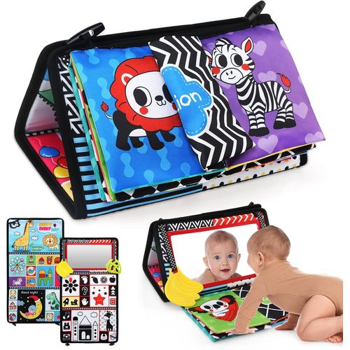 Miroir Bebe Eveil,Montessori Jouet Bebe 0-18 Mois Noir et Blanc Jouets Sensoriels,Jouet Nouveau né avec Miroir Pliable et Amusant Jouet avec Livre Eveil Bebe.[G653]