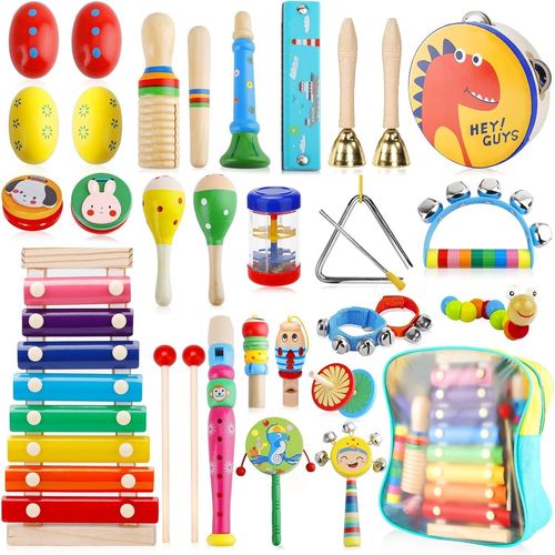 Instruments de Musique pour Enfants, 33 PCS Ensemble de Jouets Musicaux Bois, Bois Percussion pour Bébé avec Xylophone, Tambourin et Autre Instrument Jouets pour Cadeau Enfant 1 an.[G42]