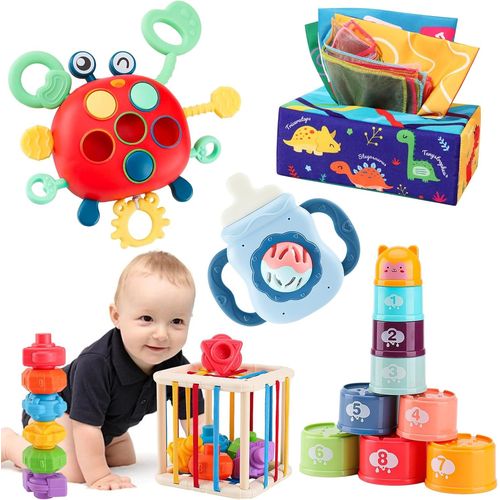 Jouets Montessori bébés pour 6-12-18 mois Trieur de Formes crabe Jouets sensoriels Hochet de Dentition Jouet Bébé Boîte à Mouchoirs Jouets gobelets empilables bebe Cadeaux.[G53]