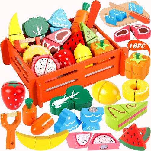 Jouets en Bois Fruits et Légumes, Jeux de Cuisine Enfants avec Bois Panier, Fruits et Légumes Jouet à Couper, Jeu d'imitation Jeux Enfant 3 4 5ans, Montessori Education Jouets Enfants Cadeau.[G1283]