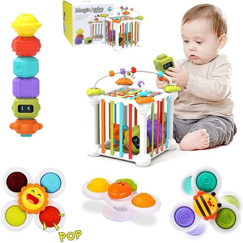 Jouets d'éveil Montessori Cubes pour Bébés 12PCS, Trieur de Formes, avec 3 Jouets à Spinner Ventouse et 6 Formes Multisensorielles et Labyrinthe de Perles, pour enfants 1-3 Ans.[G259]