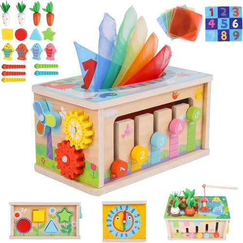 Jouet Montessori en Bois Bébé 6-18 Mois, 6 en 1 Boite Mouchoir Bebe Jeux Montessori Enfant 1 2 Ans Jeux Éducatif Eveil, Boite Permanente Jeu de Peche, Motricité Bébé Garcon Fille Cadeau.[G63]