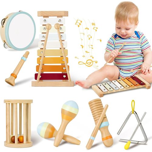 Instrument de Musique Bebe, Jouets Musicaux en Bois avec Xylophone, Triangle et Autre Instrument, 10 PCS Instruments Montessori, Bébé Batteries et Percussions Plus de 3+ Ans.[G58]