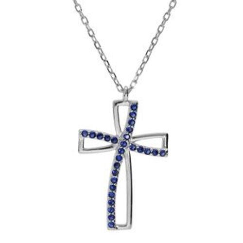 Collier Argent Rhodié Pendentif Croix Oxyde Bleu Serti 40+5cm