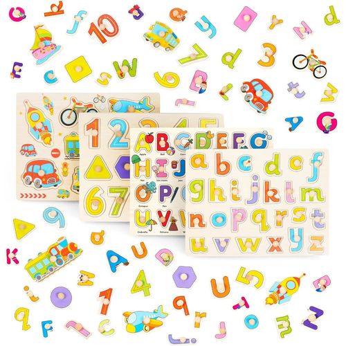 4 Puzzles en Bois à Bouton, Puzzle Encastrement pour Garçons & Filles - Jouet Éducatif Montessori, Cadeau pour Bébés, Tout-Petits & Enfants 1 2 3 4 Ans.[G1111]