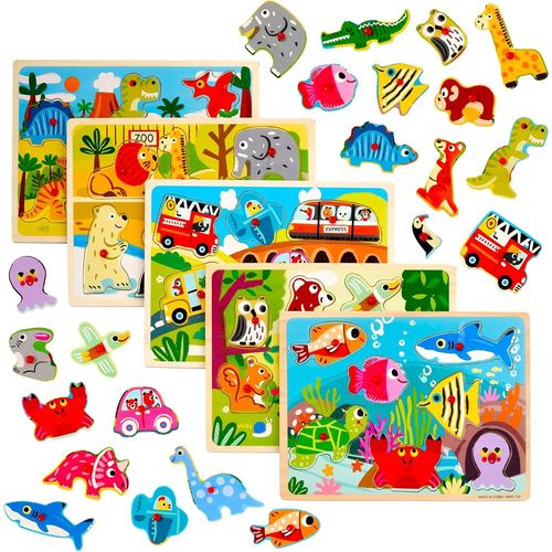 5 Puzzles en Bois à Bouton pour Garçons & Filles - Jouet Éducatif Montessori, Cadeau pour Bébés, Tout-Petits & Enfants 1 2 3 4 Ans.[G1107]