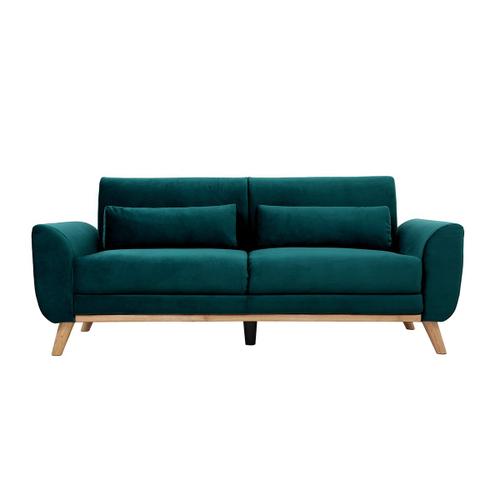 Canapé Scandinave 3 Places En Tissu Velours Bleu Canard Et Bois Clair Ektor