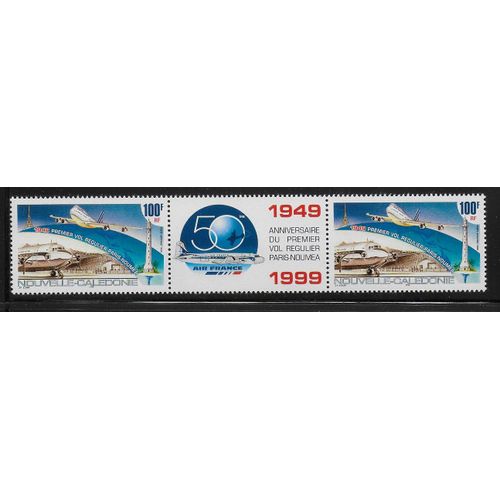 Nouvelle-Caledonie Poste Aerienne 1999 : Cinquantenaire Du Premier Vol Régulier Paris-Nouméa : Avions D'époque Et D'aujourd'hui : Triptyque Neuf ** De 2 Timbres À 200 F. Avec Vignette Centrale