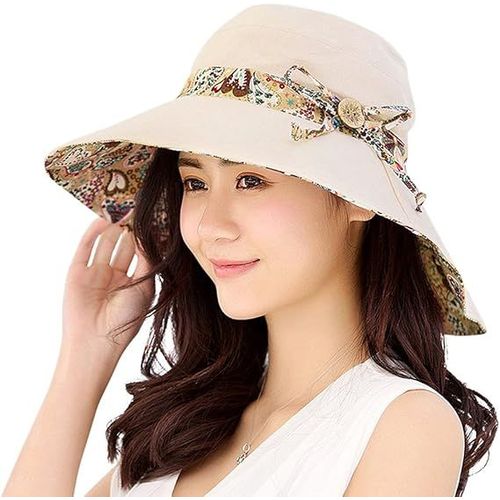 Chapeau De Soleil Imprimé Femme (Beige) Réversible, Protection Solaire Upf50+ Été Pliable Plage Haut Rond Beige Chapeau Extérieur Large Bord Chapeau