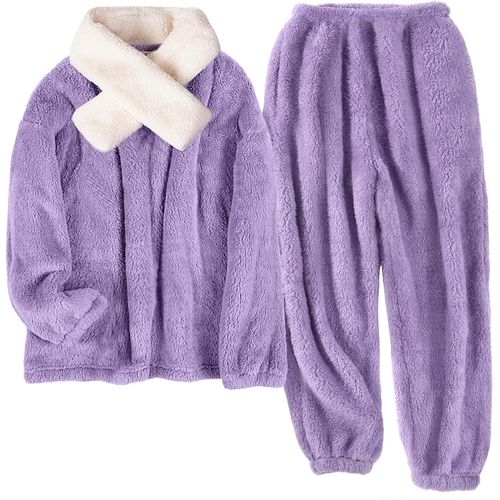 Pyjama Femme Hiver Pilou Ensembles De Pyjama Polaire,Vêtements De Nuit Deux Pièces Chemise De Nuit,Flanelle Sleepwear Avec Écharpe Cadeau Noël