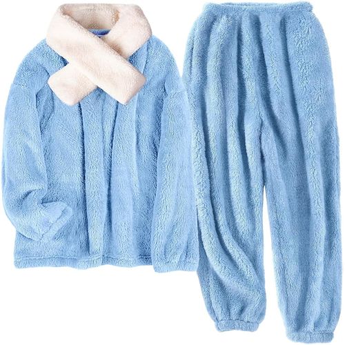 Pyjama Femme Hiver Pilou Ensembles De Pyjama Polaire,Vêtements De Nuit Deux Pièces Chemise De Nuit,Flanelle Sleepwear Avec Écharpe Cadeau Noël