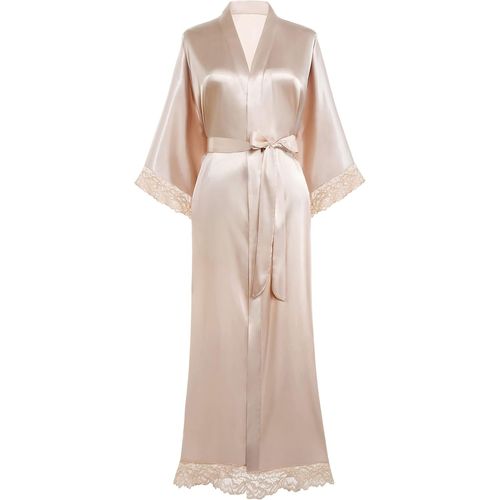 Kimono Robe De Chambre Longue Satin Robe De Nuit Avec Bordure En Dentelle Pour Femme Taille Unique