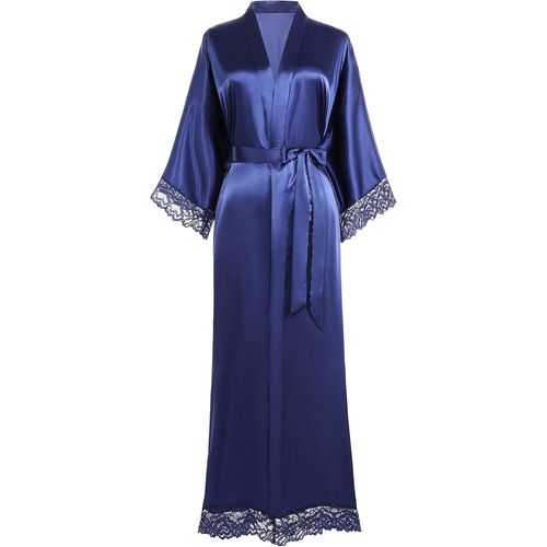 Kimono Robe De Chambre Longue Satin Robe De Nuit Avec Bordure En Dentelle Pour Femme Taille Unique