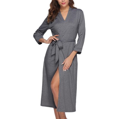 Peignoir Femme Coton Léger Robe De Chambre Longue À Manches 3/4 Peignoir De Bain Col En V Avec Poches Chemise De Nuit Pour Toutes Les Saisons S-Xxl