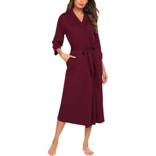 Robe De Chambre Femme Longue Élégant Chemise De Nuit À Col En V À Manches 3/4 Peignoir Femme De Bain Fin Lumière S-Xxxl