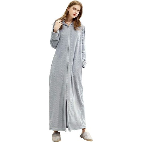 Peignoir Femme Polaire À Capuche Hiver Robe De Chambre Fermeture À Glissière Peignoir De Bain Longue Douce Microfibre Flanelle Robe De Nuit