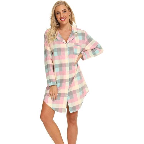 Chemise De Nuit En Coton À Manches Longues Pour Femmes,Pyjama Femme En Flanelle,Vêtements De Nuit Boutonnée Devant,Grandes Tailles