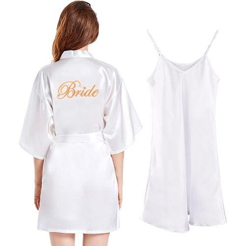 Ensemble De Peignoir Bride Satin Femme Robes De Chambre Mariée Manche Courte Avec Robe De Nuit À Bretelle Satin Col V Kimonos De Mariée Bride Chemise De Nuit Pour Mariage,Blanc