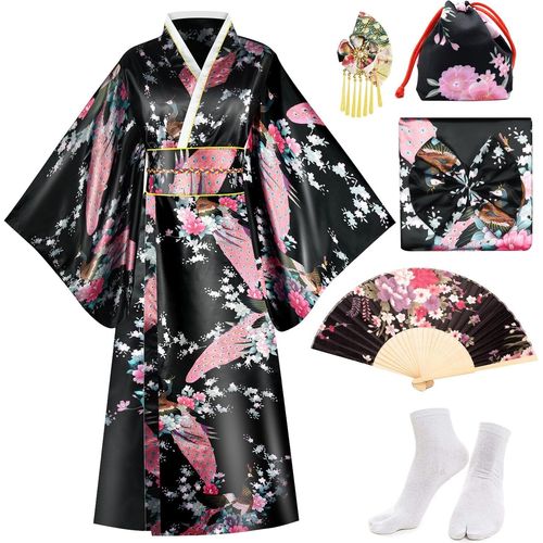 Robe Kimono Japonaise Geisha Yukata Robe De Bain En Satin Fleur De Paon Avec Accessoires Pour Femmes
