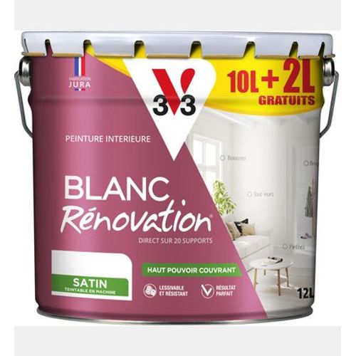Peinture rénovation blanc satin 10 litres + 2 litres gratuit