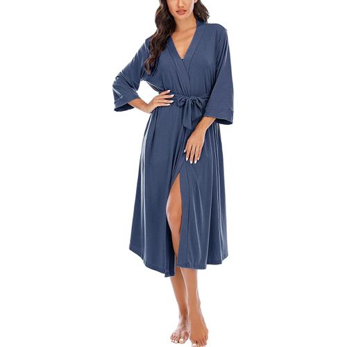 Peignoir Léger À Manches 3/4 Pour Femme-Doux Et Col En V-Robe Kimono Longue Avec Poches-S-Xxl