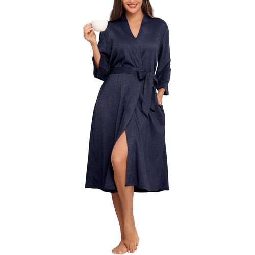 Peignoir Long Femme En Tricot Gaufré Robes De Chambre Doux Et Léger Longueur Sous Les Genoux Loungewear Col V Avec Ceinture