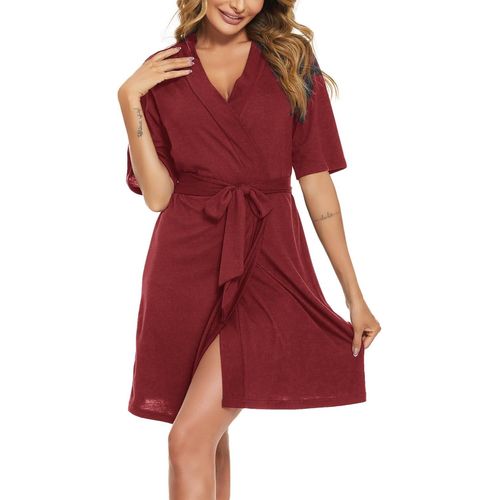 Peignoir Femme Court Luxueux Kimono Robes De Chambre En Coton Col V Courte À Manches Courtes Peignoir De Bain Avec Ceinture S-Xl